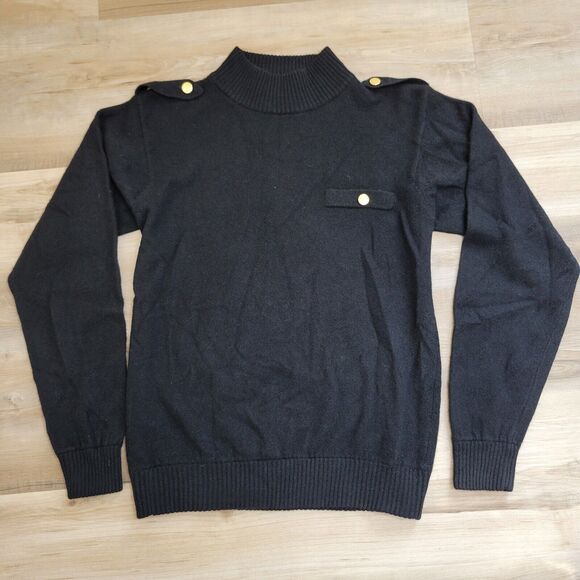 Vintage Karen Scott Lambswool Angora Blend Black Sweater Small Gold Button Mock - Picture 1 of 11